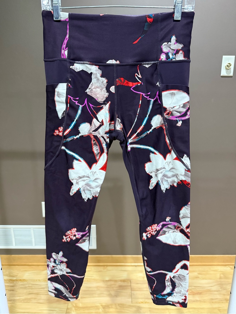 Athleta Dark Purple “Magnolia Floral” Leggings with White, Pink & Red Accents